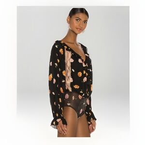 Free People Poppy Printed Bodysuit Intimately Black Floral Lace Ruffle Top SZ L